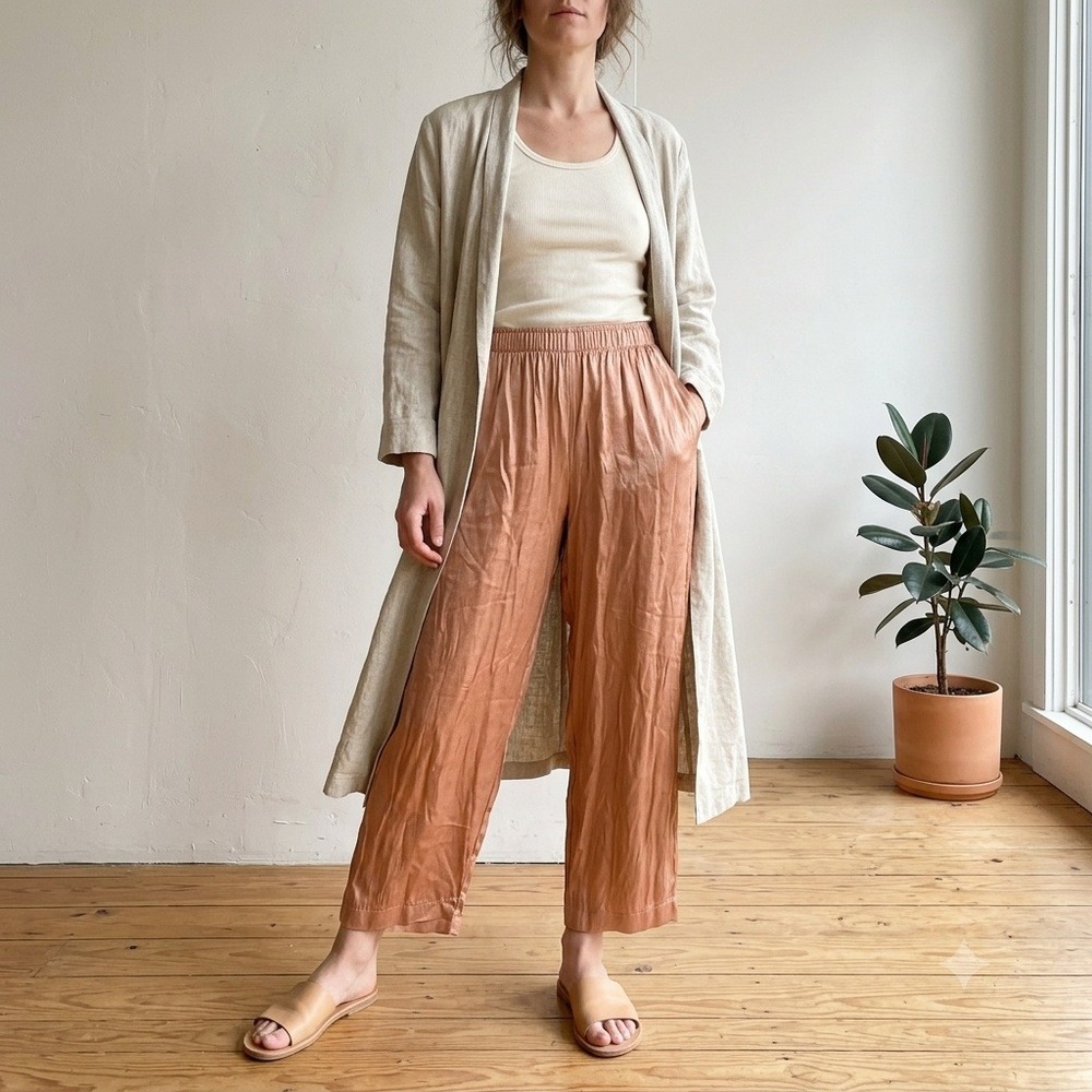 OR Womens Pants Small‎ Rose Gold Satin Elastic Waist Wide Leg Pajama Made in USA